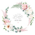 Greenery, pink and white peony, rose flowers vector design round invitation frame Royalty Free Stock Photo