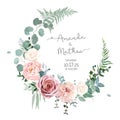 Greenery, pink and white peony, rose flowers vector design round invitation frame Royalty Free Stock Photo