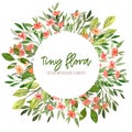 Greenery and red flowers, Round banner, watercolor tiny floral elements