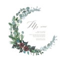 Greenery round wreath with eucalyptus, emerald spruce, pine cones, snow texture