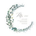 Greenery selection vector design round invitation frame. Rustic wedding greenery