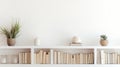 Greenery on Shelves A minimalist bookshelf, adorned with an array of books and plants, set against a pristine white backdrop,