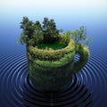 a greenery vegetation cup fill with pond and trees on a ripple waterscape. The forest surrounds the fertile ponds oasis concept.