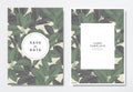 Greenery wedding invitation card template design, green and black Ficus Elastica / rubber plant leaves with circle and rectangle