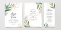 Greenery wedding invitation card template set with leaves and floral glitter decoration. Botanic illustration for background, save