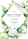 Greenery wedding invite, save the date card design. Lush green fern leaves, tender jasmine vines, elegant roses, white camellia