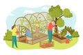 Greenhouse agriculture plant at farm, farmer harvest vector illustration. Cartoon farming with food, vegetable, tomato