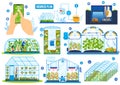 Greenhouse agriculture technology vector illustration set, cartoon flat farm tunnel greenhouses with farmers and robot