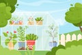 Greenhouse background. Cartoon green spring garden with glass house and pots with plants and flowers, garden work Royalty Free Stock Photo