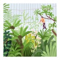 Greenhouse, botanical garden, park. Person walking on bridge in conservatory with greenery, exotic tropical leaf plants