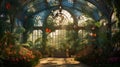 A greenhouse conservatory, filled with tropical plants, orchids.