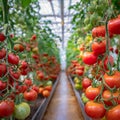 Greenhouse cultivation of tomatoes. Ripe tomatoes hang on a bush in a greenhouse.