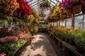 greenhouse filled with hanging baskets of vibrant flowers Royalty Free Stock Photo