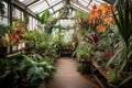 greenhouse filled with tropical plants and exotic flowers Royalty Free Stock Photo