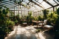 A greenhouse filled with a variety of plants and a serene, nature-inspired seating area for relaxation