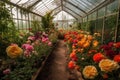 greenhouse filled with vibrant blooms, from roses to tulips