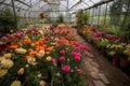 greenhouse filled with vibrant blooms, from roses to tulips