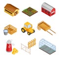 Greenhouse, Flour Mill and Tractor as Agricultural and Farming Industry Vector Isometric Set