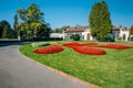 Greenhouse and flower beds in Royal Garden in Royalty Free Stock Photo