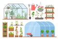 Greenhouse flower plant vegetable cultivation set, cartoon glasshouses for planting Royalty Free Stock Photo