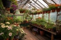 greenhouse with hanging baskets of colorful flowers and pots of herbs Royalty Free Stock Photo