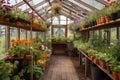 greenhouse with hanging baskets of colorful flowers and pots of herbs Royalty Free Stock Photo