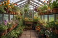 greenhouse with hanging baskets of colorful flowers and pots of herbs Royalty Free Stock Photo