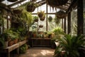 greenhouse with hanging baskets of ferns and air plants for a tropical feel