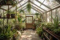 greenhouse with hanging baskets of ferns and air plants for a tropical feel