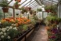 greenhouse with hanging baskets filled with blooming flowers