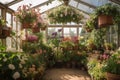 greenhouse with hanging baskets of flowers and herbs Royalty Free Stock Photo