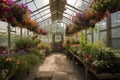 greenhouse with hanging baskets of flowers and herbs Royalty Free Stock Photo