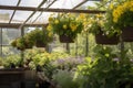 greenhouse with hanging baskets of flowers and herbs Royalty Free Stock Photo