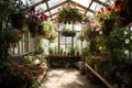 a greenhouse with hanging baskets overflowing with plants