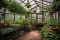 greenhouse with herbs and spices growing in hanging baskets Royalty Free Stock Photo