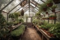 greenhouse with herbs and spices growing in hanging baskets Royalty Free Stock Photo