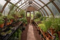 greenhouse with herbs and spices growing in hanging baskets