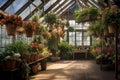 greenhouse interior with hanging baskets of flowers