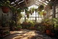 greenhouse interior with hanging plants and terracotta pots