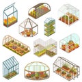 Greenhouse isometric vector illustrations, growing plants and flowers in farm garden, 3d isolated icon set on white