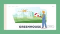 Greenhouse Landing Page Template. Smart Farm With Drone Control. Farmer Character Fertilizing Field with Quadcopter