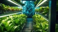 Greenhouse Plant row Grow with LED Light Indoor Farm Agriculture Technology. Generative Ai Royalty Free Stock Photo