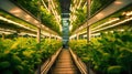 Greenhouse Plant row Grow with LED Light Indoor Farm Agriculture Technology. Generative Ai Royalty Free Stock Photo