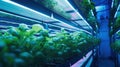 Greenhouse Plant row Grow with LED Light Indoor Farm Agriculture Technology. Generative Ai Royalty Free Stock Photo