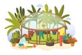 Greenhouse with plant, vector illustration, flat woman man people character gardening plant, growing nature in flower Royalty Free Stock Photo