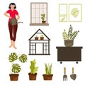 Greenhouse, planting, houseplants at home isolated set, girl caring for indoor plants, hobby flat cartoon vector
