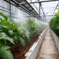 Greenhouse plants with irrigation system in modern agriculture. Royalty Free Stock Photo