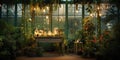 Greenhouse restored and filled with exotic plants, with fairy lights strung up for an ethereal evening glow, concept of