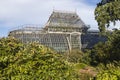 Greenhouse in sankt-peterburg botanic garden. old architecture from glass and metal in clear sunny day Royalty Free Stock Photo