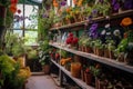 greenhouse shelves filled with vibrant, colorful flowers